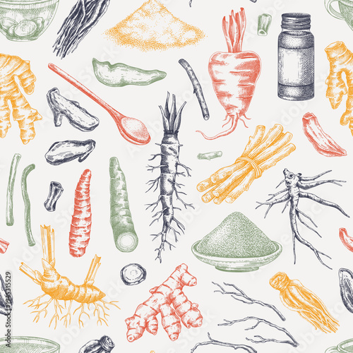 Medicinal roots seamless pattern. Herbal ingredients hand drawn vector illustration. Vintage apothecary background. NOT AI generated