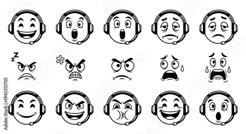 Call Center  Gaming Emoticons Set - Black and White Line Art Icons Collection