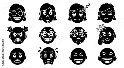 Black and White Glyph Faces Icon Set Showing Human Emotions and Expressions in Vector Art