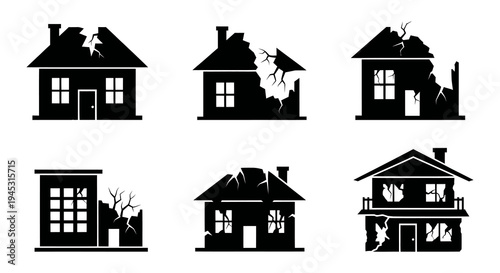 Disaster and Construction Damaged Houses Glyph Icon Set - Real Estate Silhouettes