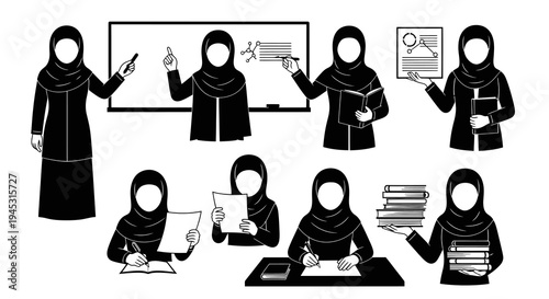 Black and White Glyph Set of Muslim Women in Education - Teachers, Students, Learning