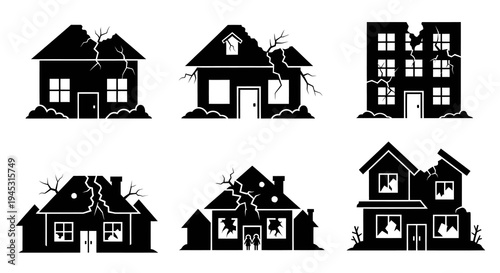 Set of Damaged Houses Icons - Black and White Vector Art