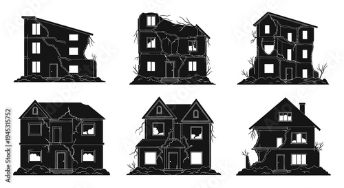 Damaged Black Houses Silhouette Icons - Destruction Vector Art
