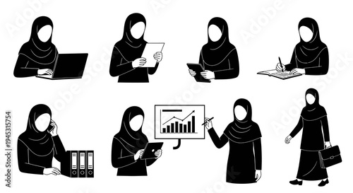 Islamic Woman Businesswoman Icons Set - Black and White Glyph Art