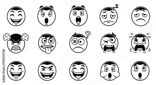 Black and White Line Art of Various Emoticon Faces