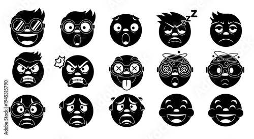Black and White Glyph Icons of Diverse Emoji Faces, Expressing Emotions