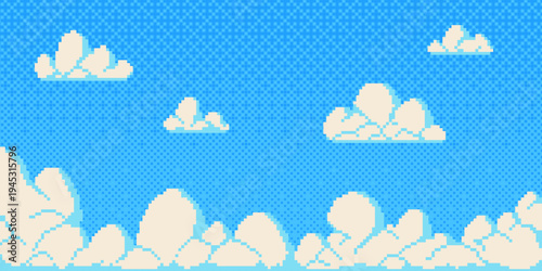 Pixel art blue sky with white fluffy clouds. Retro 8-bit game illustration, vector cartoon background. Bright atmosphere in sunny day for arcade video adventures, mosaic texture