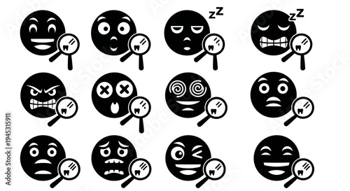 Black  White Glyph Emojis with Magnifying Glass Icons Set