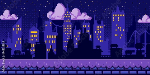 Pixel art city night background with retro 8-bit buildings, bright purple sky and yellow stars, cartoon vector illustration. Mosaic texture, urban game level design for arcade video games
