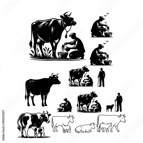 Rural Village Life Scene with Farmer and Cattle Silhouette - Agricultural Landscape