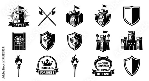 Medieval Castle and Shield Icons - Black and White Vector Set