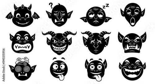 Black and White Cartoon Devil Face Icons Set, Vector Art