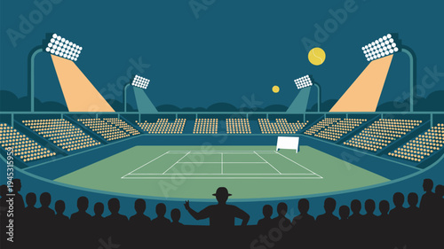 An illustration of a tennis court at night with spectators and floodlights shining down