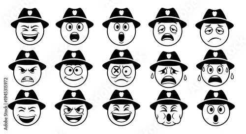 Black and White Line Art Sheriff Hat Emoticons, Police Officer Emotion Icons