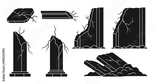 Broken Stone Columns and Ruins, Vector Graphic Design