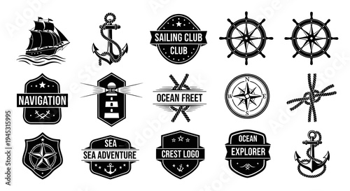 Nautical Emblems and Icons: Sailing Ship, Anchor, Compass, Helm, Lighthouse, Rope