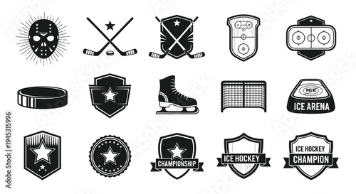 Ice Hockey Icons Set - Black and White Vector Symbols for Sport