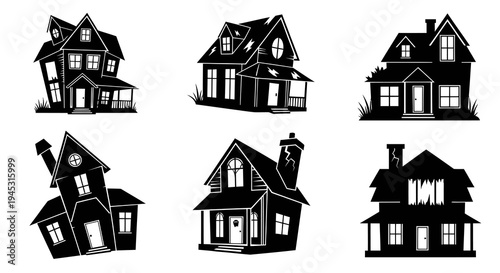 Haunted Houses Set Black and White Vector Graphics