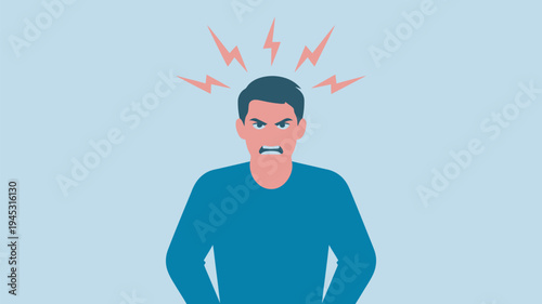 A cartoon man experiencing a headache with lightning bolts above his head