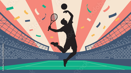 A tennis player in action, jumping to hit a ball with a racket in a stadium with confetti