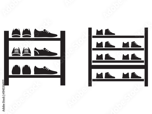 Black silhouettes of shoes on shelves  various types of footwear displayed on shelving units  shoe rack with sneakers and boots