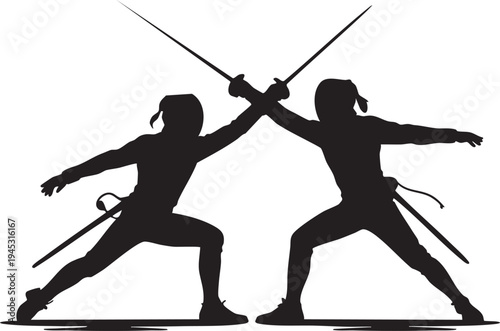 Two female fencers in dynamic duel stance with swords in dramatic silhouette on white background for sports illustration