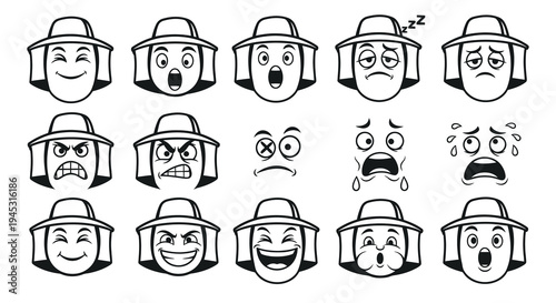 Black  White Line Art Emoticon Faces with Hats, Vector Icons