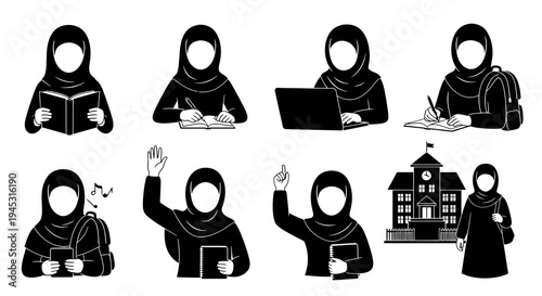 Black  White Glyph Icons of Muslim Student Education  Schooling