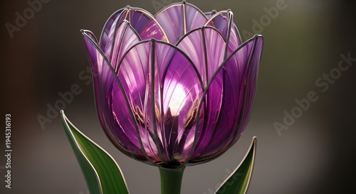 Intricate purple glass tulip sculpture, illuminated from within, showcasing delicate petal