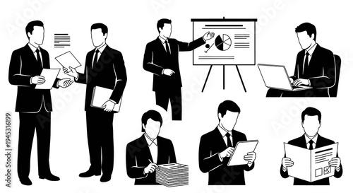 Businessmen Silhouettes in Black and White, Professional Teamwork and Strategy