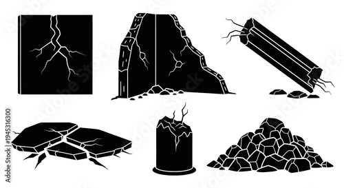 Cracked Black Icons of Broken Stones, Rubble, and Debris