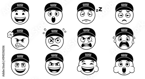 Black and White Line Art Emojis Wearing Caps with Different Emotions