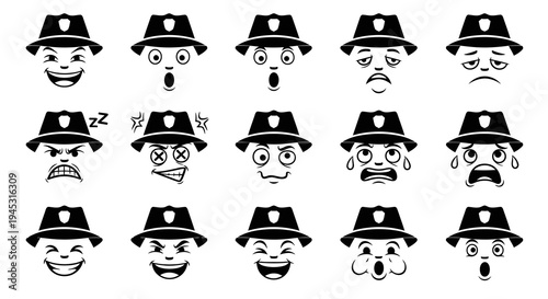 Black and White Cartoon Faces with Hats, Various Emotions, Line Art