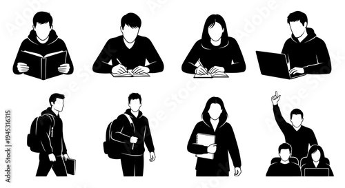 Black and white vector icons of students studying and learning