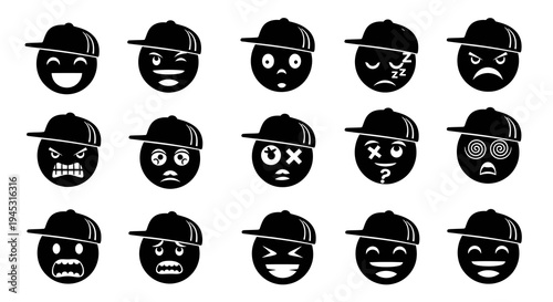 Black  White Glyph Set of 15 Expressive Emojis Wearing Baseball Caps