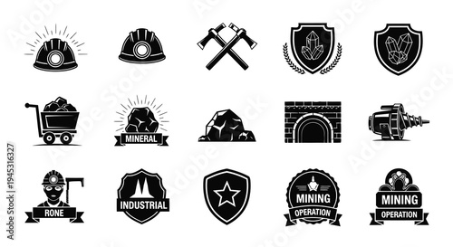 Mining Industry Icons: Hard Hat, Pickaxe, Cart, Rocks, Mine Entrance, Drill