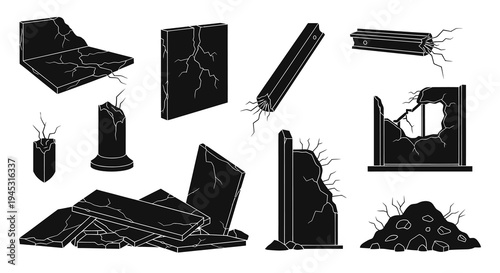 Black and white glyphs of cracked ruined building debris and structures