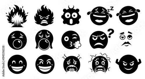 Black  White Emoji Icons: Emotions, Feelings, Expressions, Vector Art