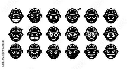 Construction worker helmet emojis, happy to angry faces, black and white glyphs