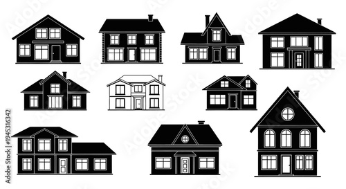 Black  White Line Art Houses Icon Set - Real Estate Industry