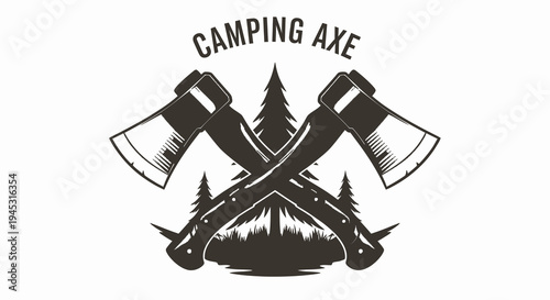Camping Axe Logo Icon Crossed Axes Forest Trees Emblem Vector Art