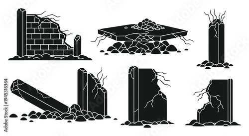 Black and white illustration of broken wall and pillar ruins