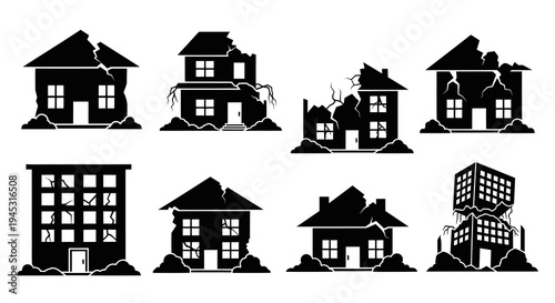 Black Silhouette Icons of Damaged Houses and Buildings