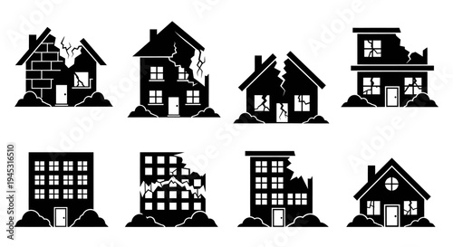 Damaged Houses Icons: Destruction, Disaster, Building Failure, Black and White Glyphs