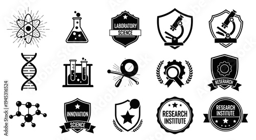 Science and Research Icons: DNA, Microscope, Flask, Atom, Lab Symbols