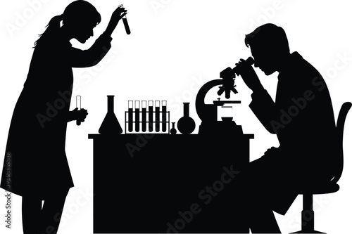 Scientists working in laboratory silhouette, researchers analyzing samples with microscope and test tubes, scientific experiment and medical research concept