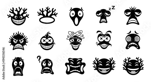 Black and White Cartoon Monster Faces Emoticons, Horror, Funny Expressions