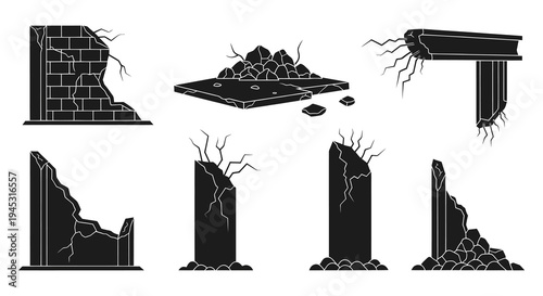 Black  White Glyph Icons of Destroyed Buildings and Ruins