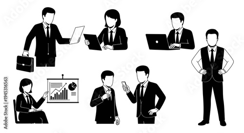 Black and White Business People Icons: Finance, Technology, Meeting