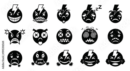 Black and White Emoji Icons Representing Various Emotions and Expressions